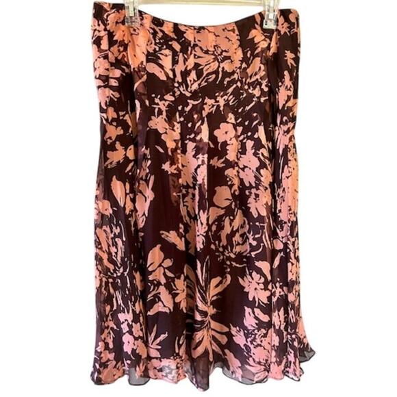 100% Silk Floral A-Line Skirt - Brown & Coral - Size 12 - Picture 2 of 5